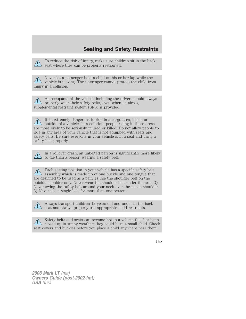 Seating and safety restraints | Lincoln 2008 Mark LT User Manual | Page 145 / 328