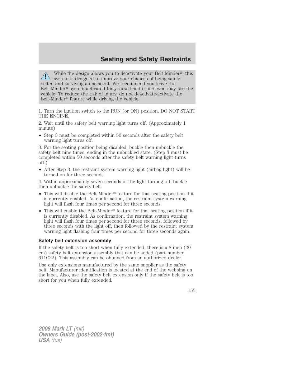 Safety belt extension assembly, Seating and safety restraints | Lincoln 2008 Mark LT User Manual | Page 155 / 328