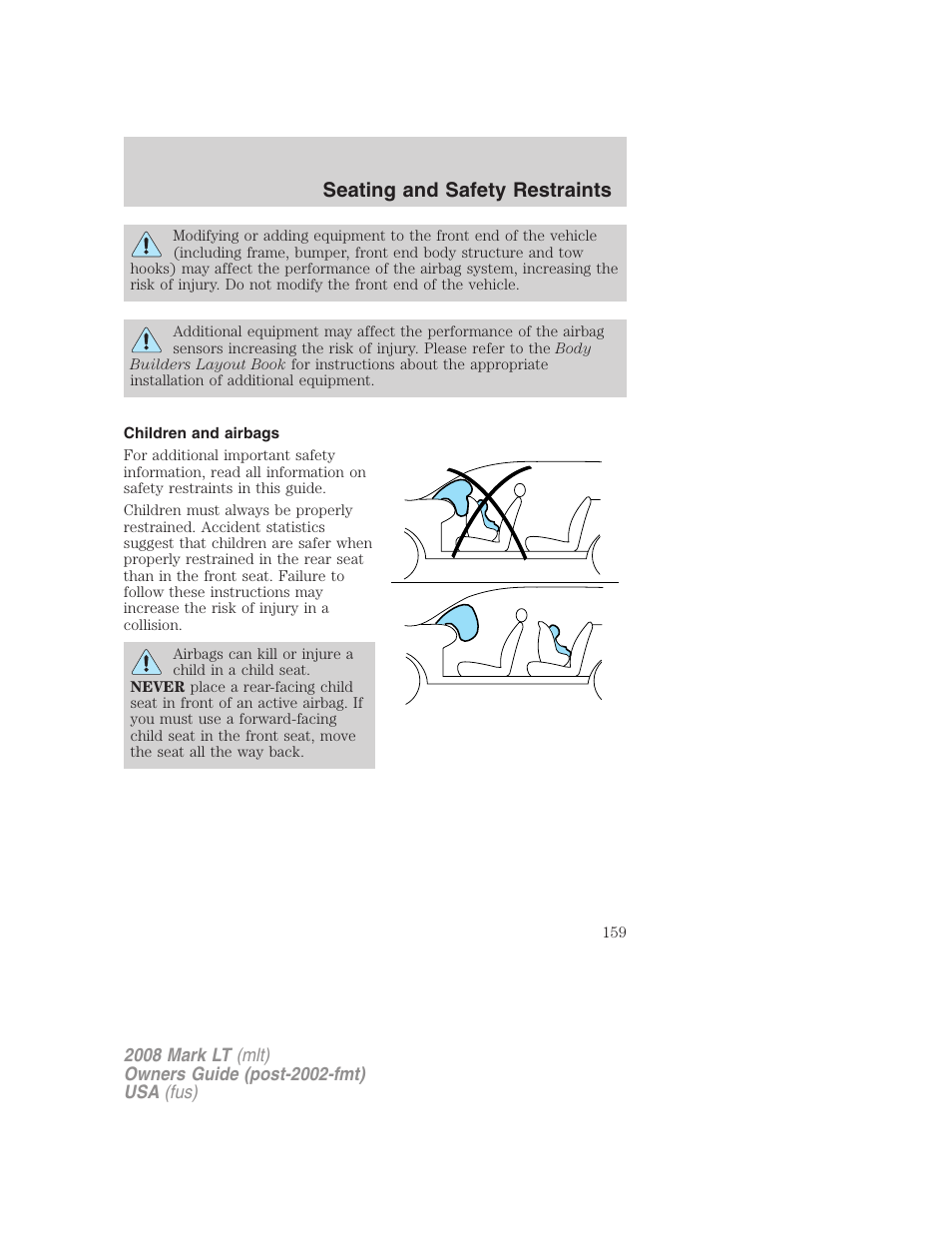 Children and airbags, Seating and safety restraints | Lincoln 2008 Mark LT User Manual | Page 159 / 328