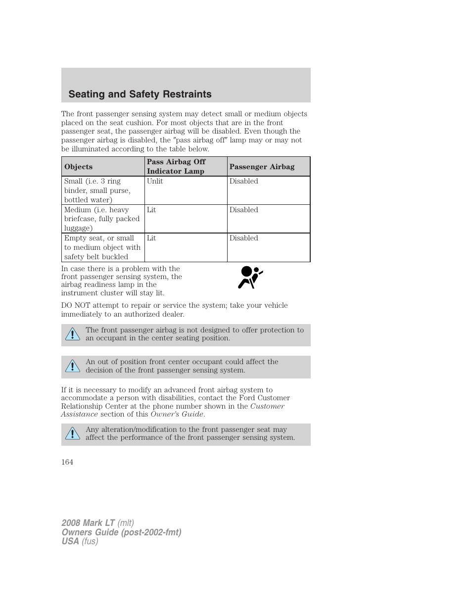 Seating and safety restraints | Lincoln 2008 Mark LT User Manual | Page 164 / 328