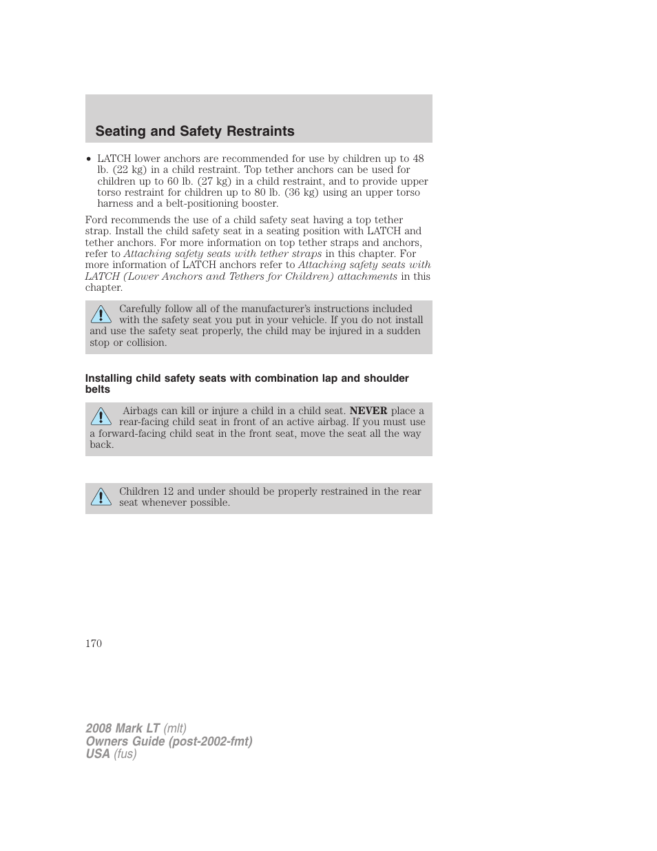 Seating and safety restraints | Lincoln 2008 Mark LT User Manual | Page 170 / 328