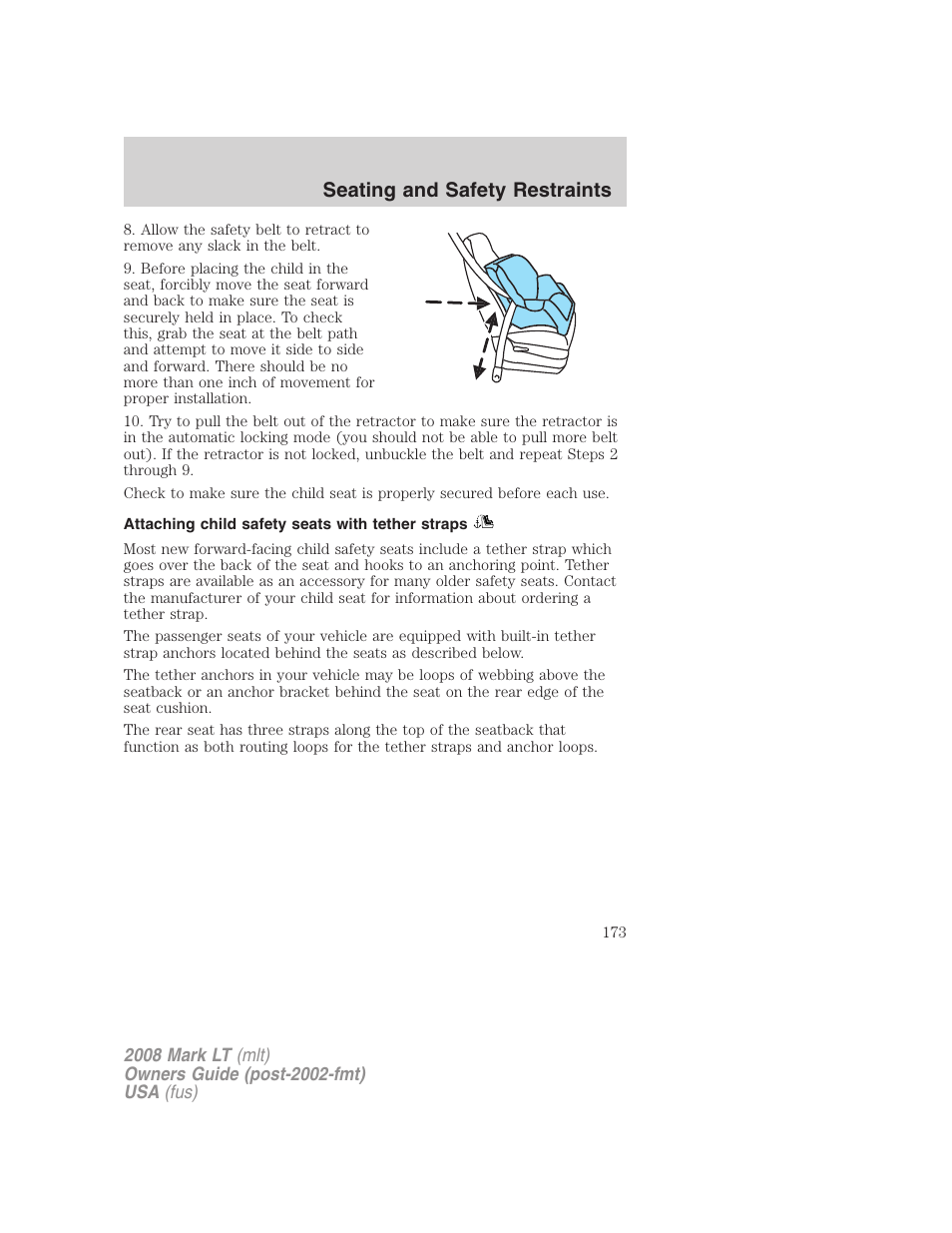 Attaching child safety seats with tether straps, Seating and safety restraints | Lincoln 2008 Mark LT User Manual | Page 173 / 328