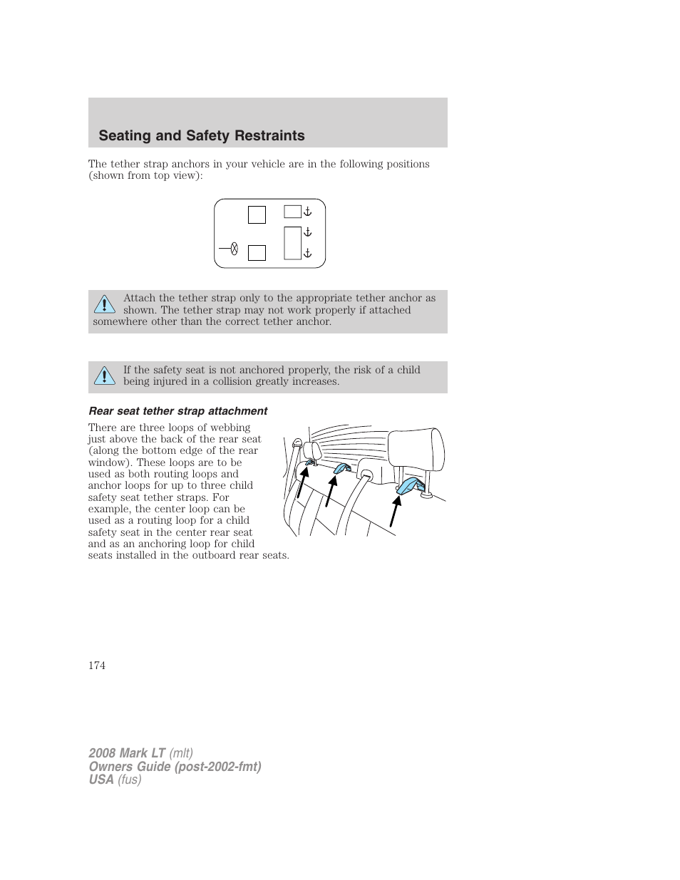 Rear seat tether strap attachment, Seating and safety restraints | Lincoln 2008 Mark LT User Manual | Page 174 / 328