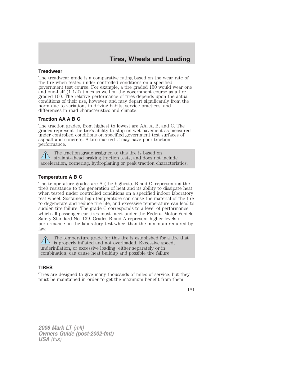 Treadwear, Traction aa a b c, Temperature a b c | Tires, Tires, wheels and loading | Lincoln 2008 Mark LT User Manual | Page 181 / 328