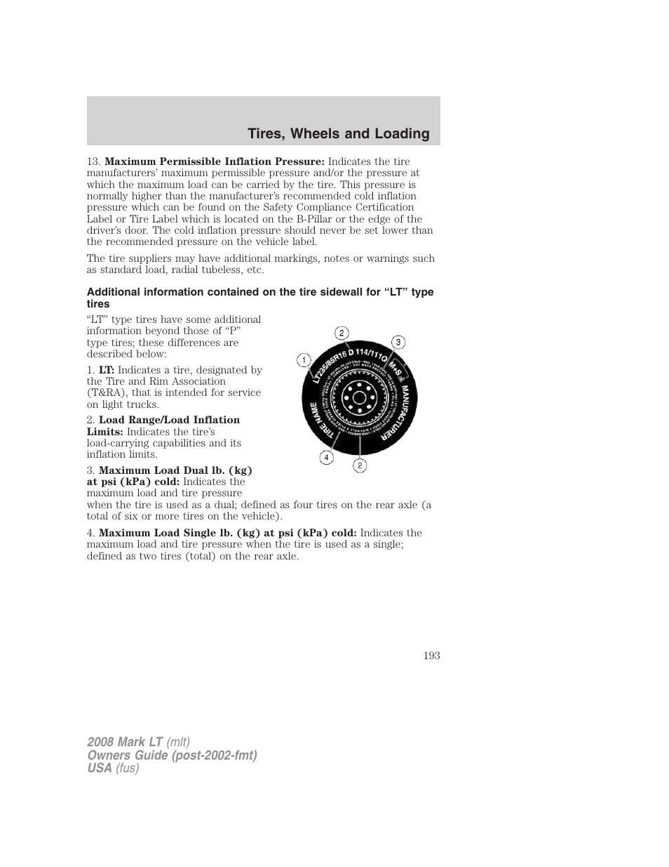 Tires, wheels and loading | Lincoln 2008 Mark LT User Manual | Page 193 / 328