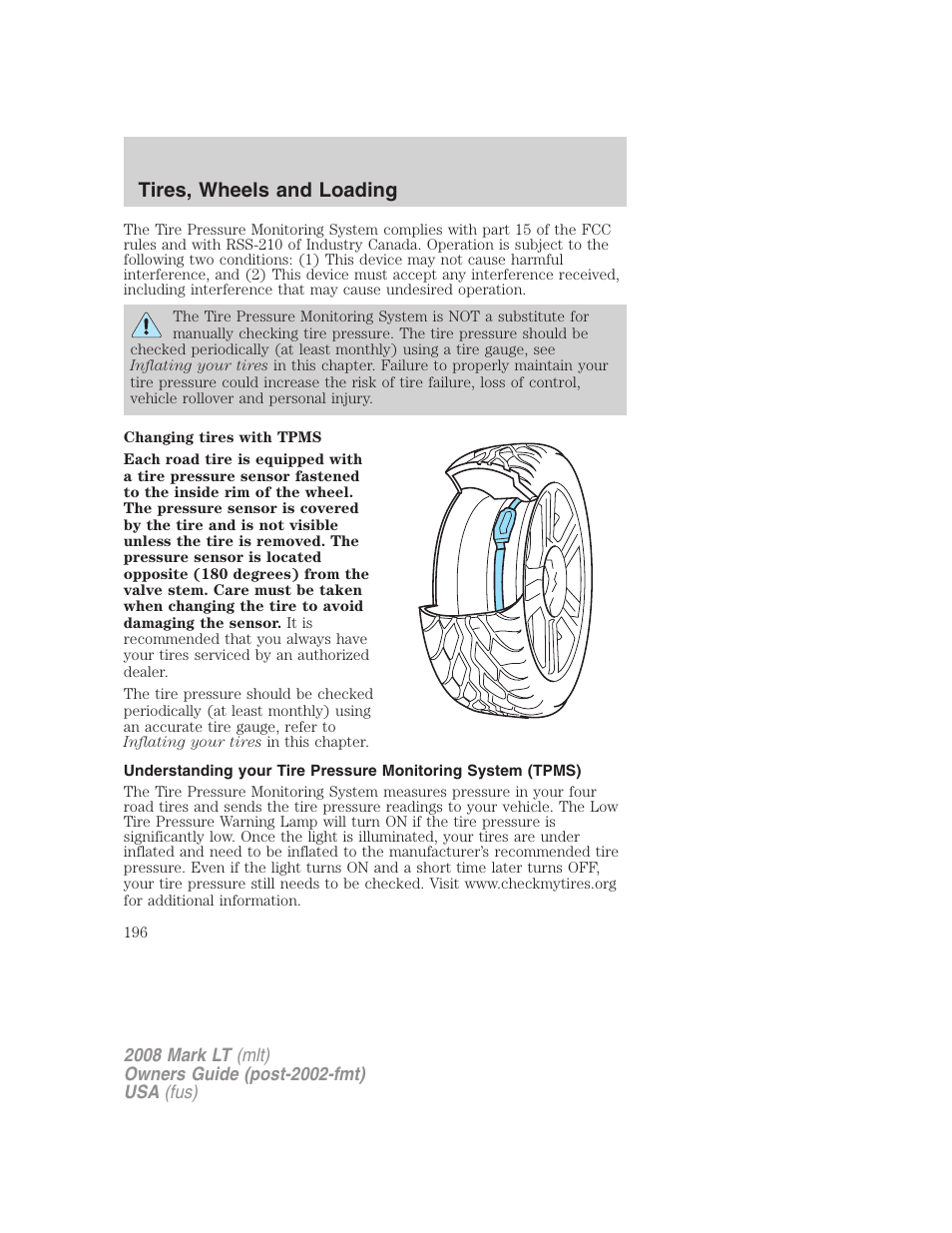 Tires, wheels and loading | Lincoln 2008 Mark LT User Manual | Page 196 / 328