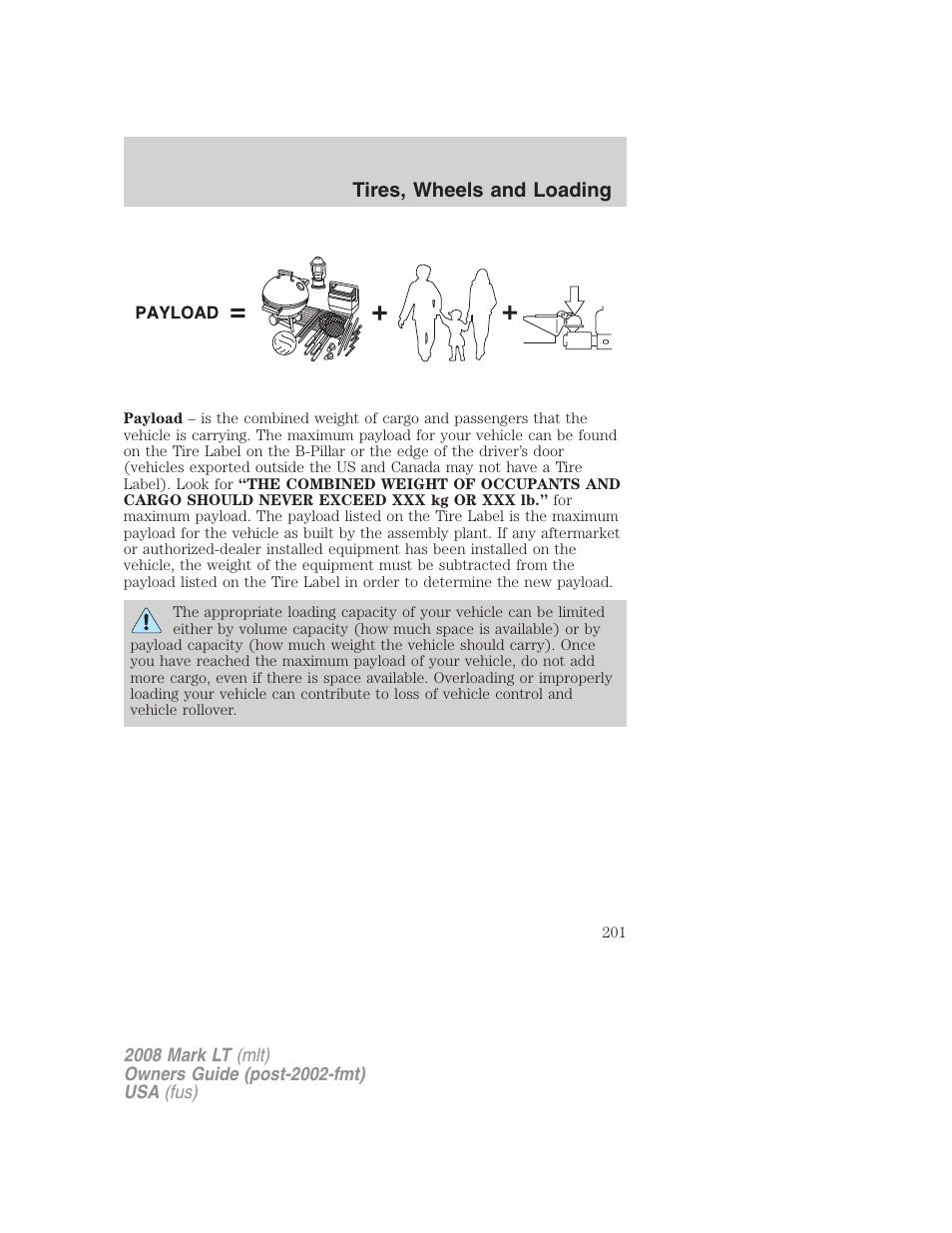 Tires, wheels and loading | Lincoln 2008 Mark LT User Manual | Page 201 / 328