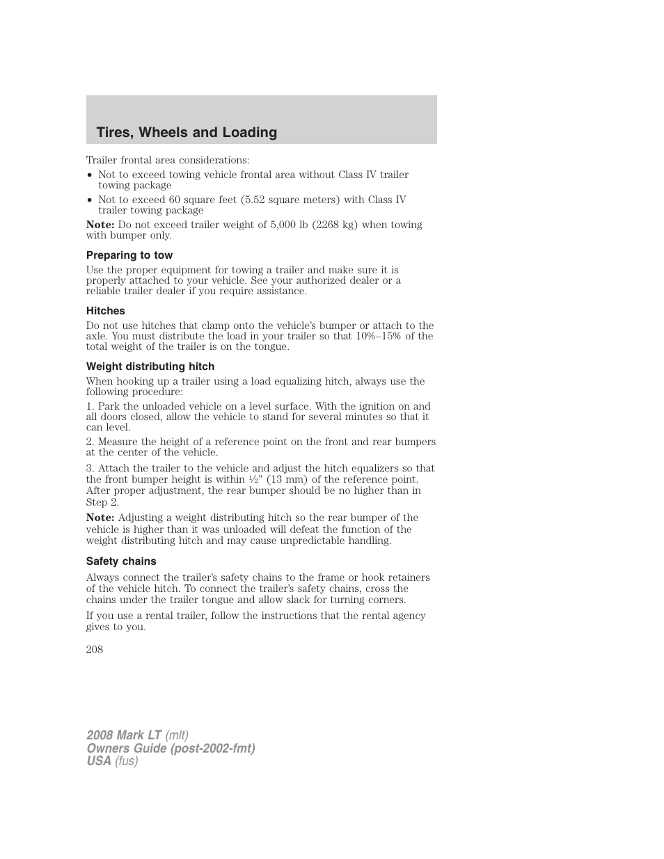 Preparing to tow, Hitches, Weight distributing hitch | Safety chains, Tires, wheels and loading | Lincoln 2008 Mark LT User Manual | Page 208 / 328