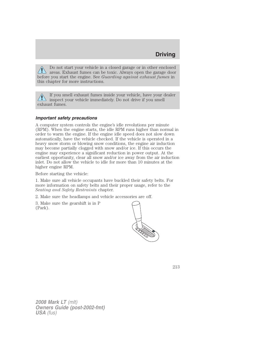 Important safety precautions, Driving | Lincoln 2008 Mark LT User Manual | Page 213 / 328