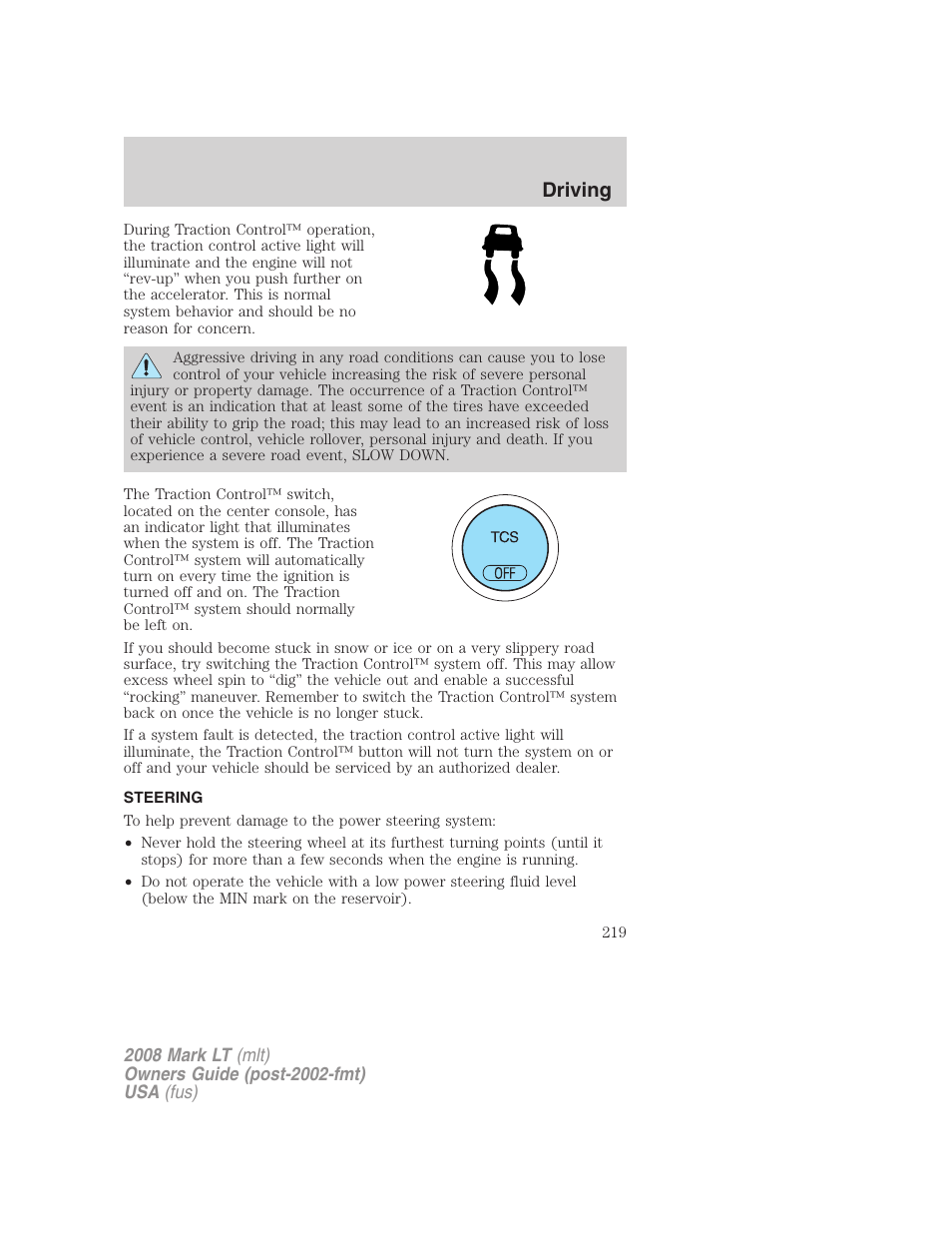 Steering, Driving | Lincoln 2008 Mark LT User Manual | Page 219 / 328