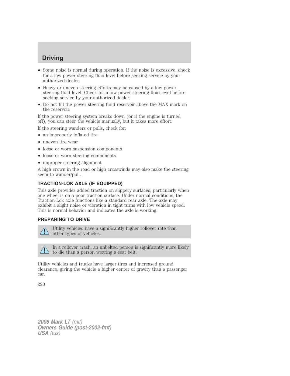 Traction-lok axle (if equipped), Preparing to drive, Driving | Lincoln 2008 Mark LT User Manual | Page 220 / 328