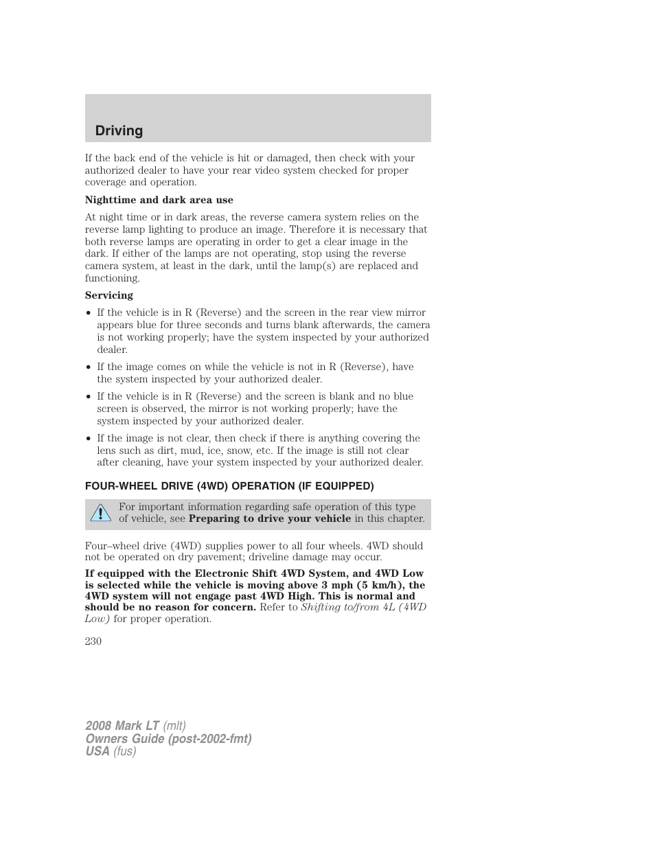 Four-wheel drive (4wd) operation (if equipped), Driving | Lincoln 2008 Mark LT User Manual | Page 230 / 328