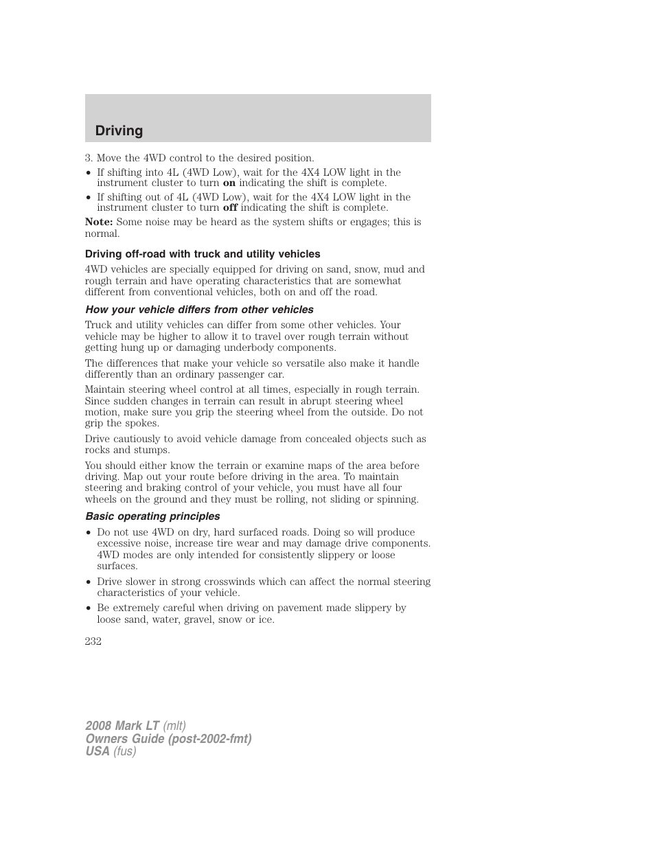 Driving off-road with truck and utility vehicles, How your vehicle differs from other vehicles, Basic operating principles | Driving | Lincoln 2008 Mark LT User Manual | Page 232 / 328