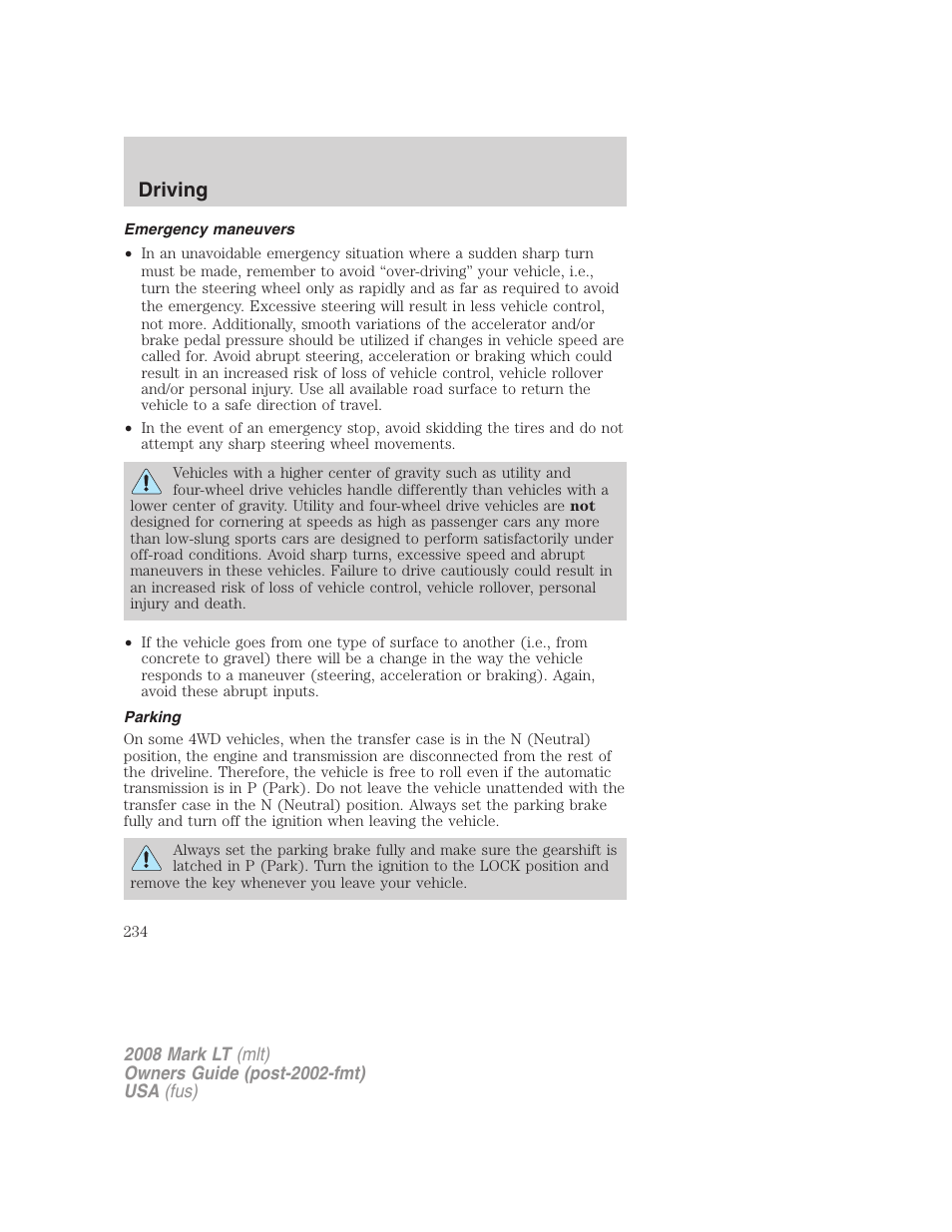 Emergency maneuvers, Parking, Driving | Lincoln 2008 Mark LT User Manual | Page 234 / 328