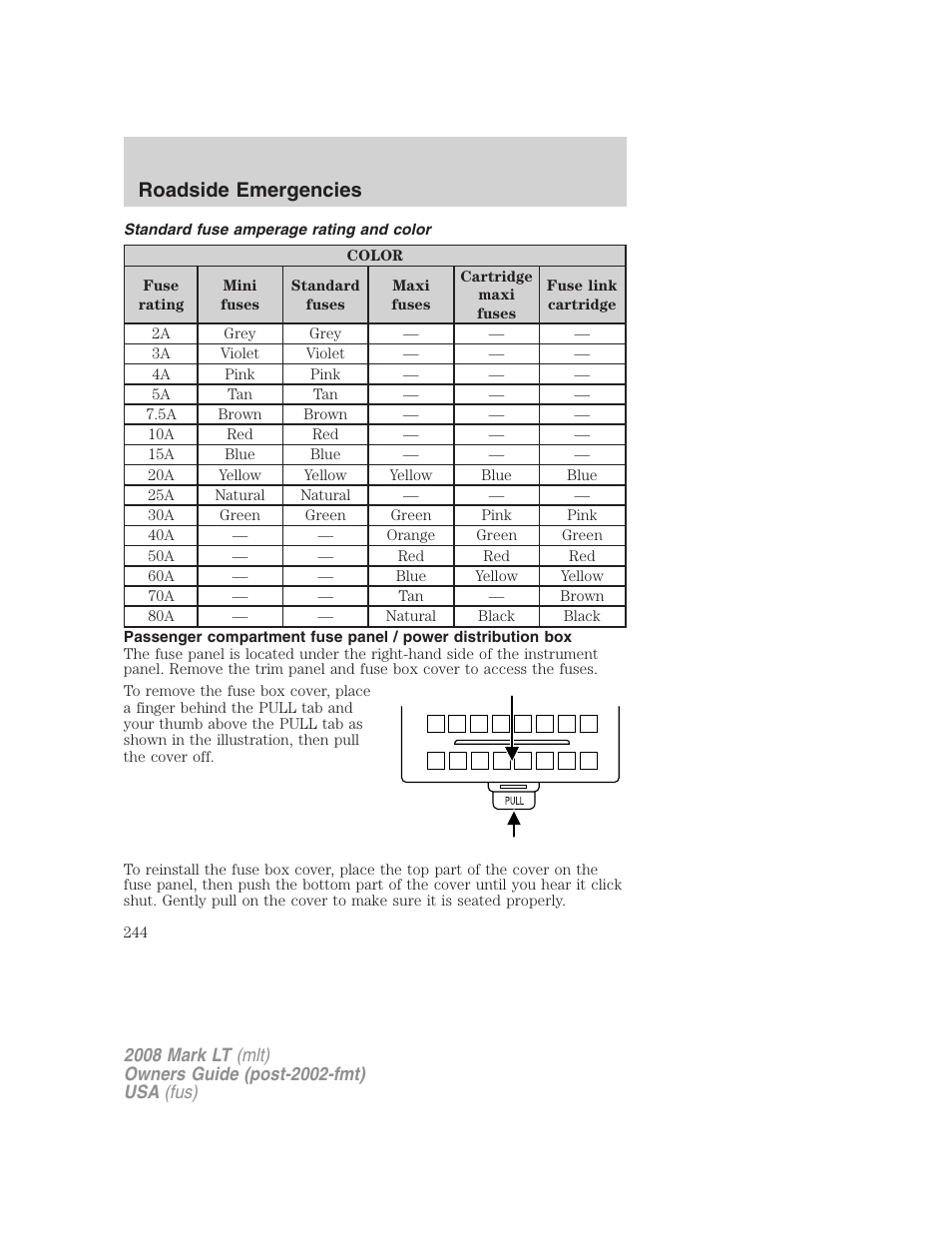 Standard fuse amperage rating and color, Roadside emergencies | Lincoln 2008 Mark LT User Manual | Page 244 / 328