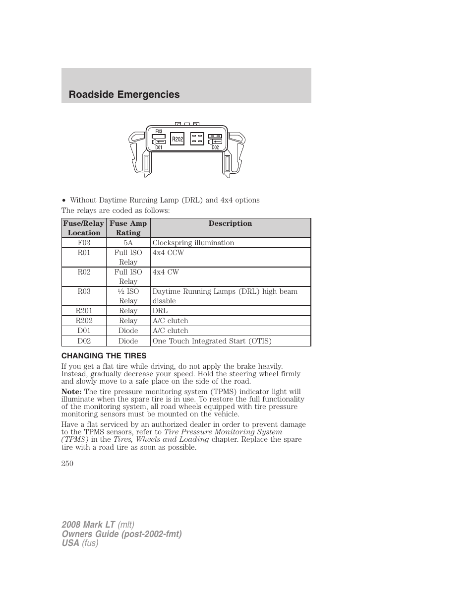 Changing the tires, Changing tires, Roadside emergencies | Lincoln 2008 Mark LT User Manual | Page 250 / 328