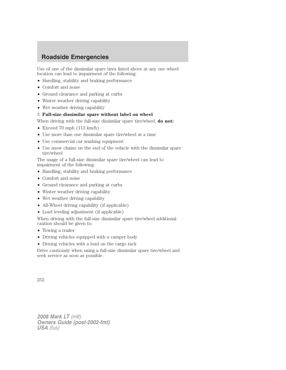 Roadside emergencies | Lincoln 2008 Mark LT User Manual | Page 252 / 328