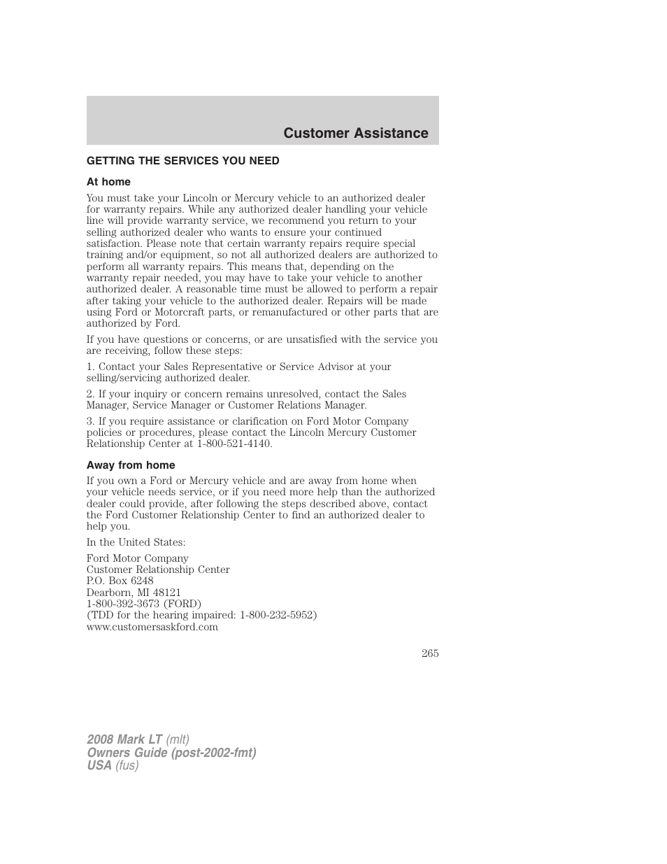 Customer assistance, Getting the services you need, At home | Away from home | Lincoln 2008 Mark LT User Manual | Page 265 / 328