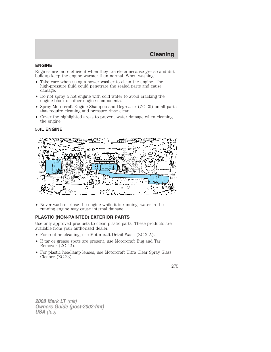 Engine, 4l engine, Plastic (non-painted) exterior parts | Cleaning | Lincoln 2008 Mark LT User Manual | Page 275 / 328