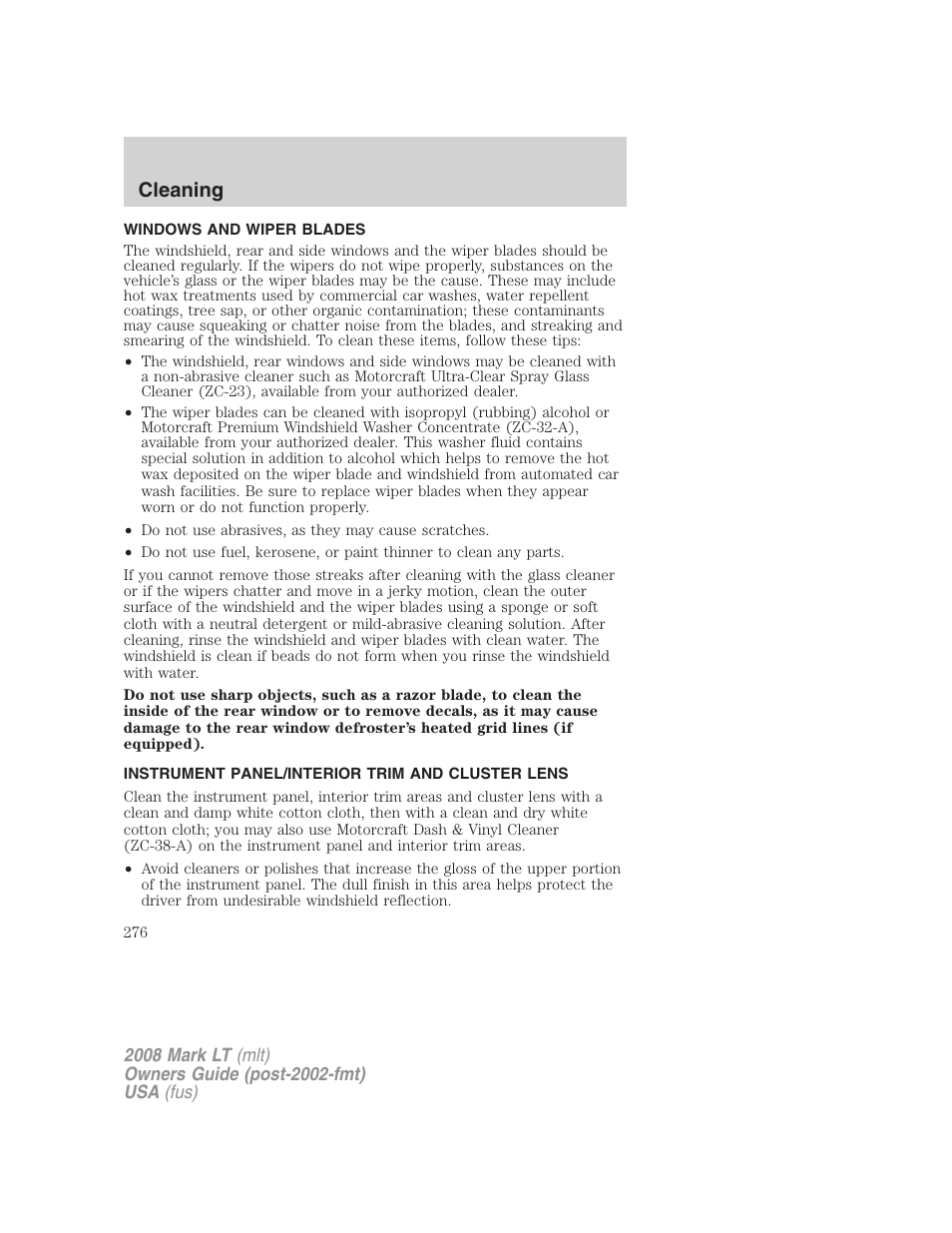 Windows and wiper blades, Instrument panel/interior trim and cluster lens, Cleaning | Lincoln 2008 Mark LT User Manual | Page 276 / 328