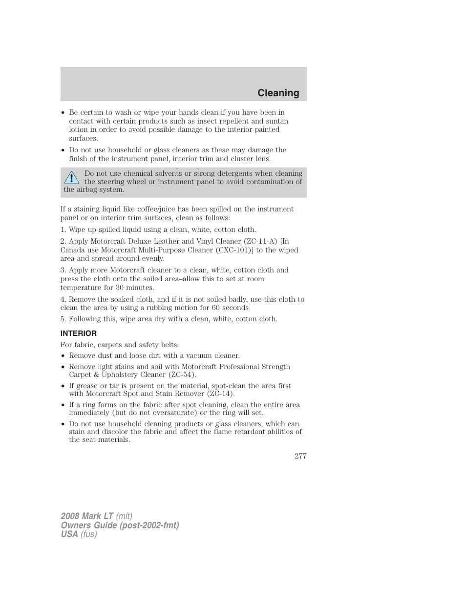 Interior, Cleaning | Lincoln 2008 Mark LT User Manual | Page 277 / 328