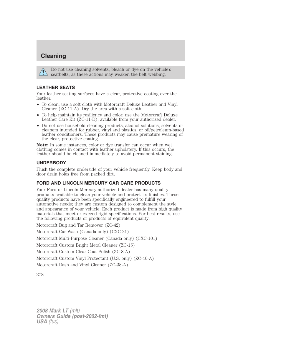 Leather seats, Underbody, Ford and lincoln mercury car care products | Cleaning | Lincoln 2008 Mark LT User Manual | Page 278 / 328