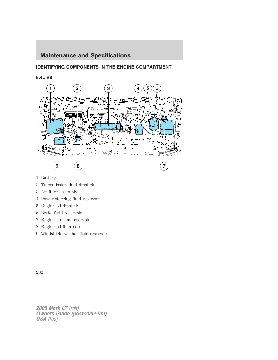 Identifying components in the engine compartment, 4l v8, Engine compartment | Maintenance and specifications | Lincoln 2008 Mark LT User Manual | Page 282 / 328