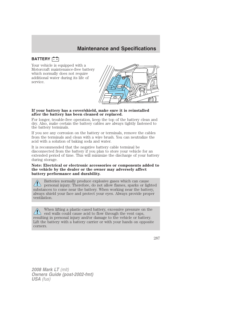 Battery, Maintenance and specifications | Lincoln 2008 Mark LT User Manual | Page 287 / 328