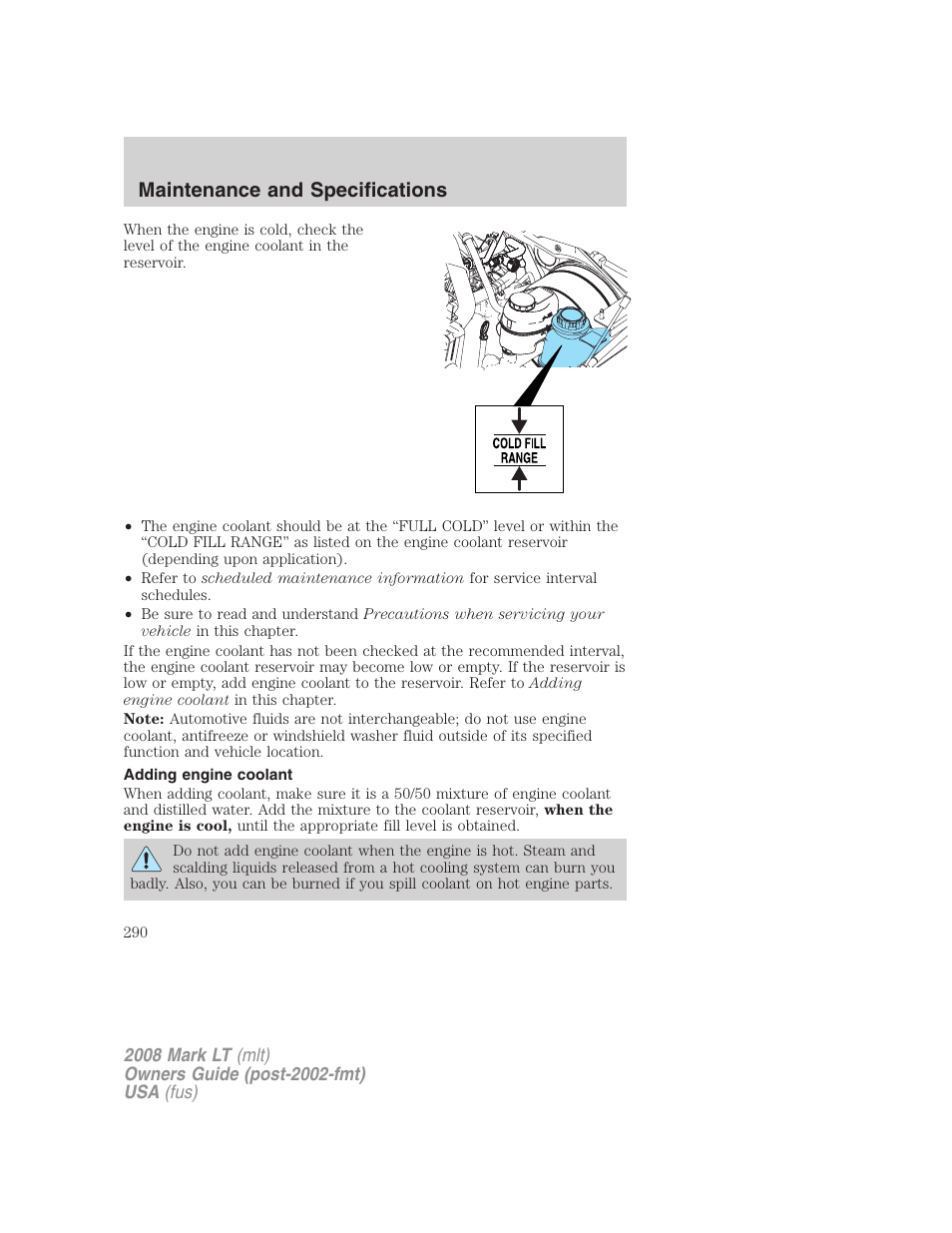 Adding engine coolant, Maintenance and specifications | Lincoln 2008 Mark LT User Manual | Page 290 / 328