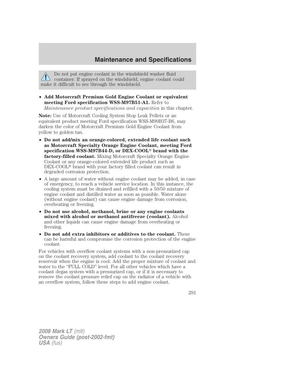 Maintenance and specifications | Lincoln 2008 Mark LT User Manual | Page 291 / 328