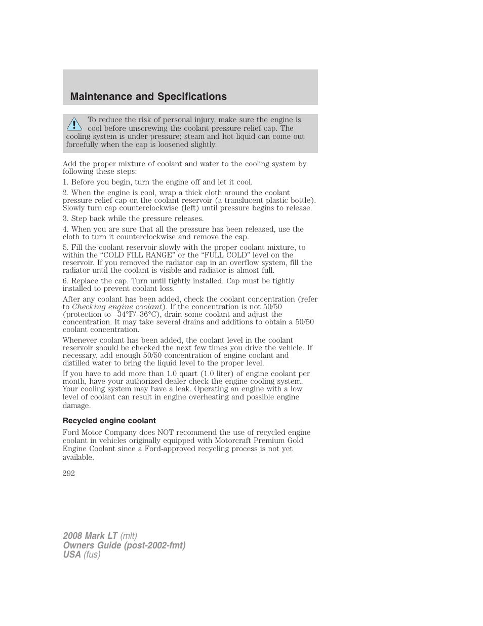 Recycled engine coolant, Maintenance and specifications | Lincoln 2008 Mark LT User Manual | Page 292 / 328