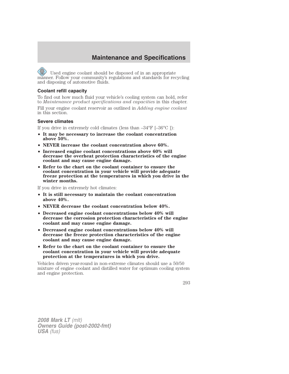 Coolant refill capacity, Severe climates, Maintenance and specifications | Lincoln 2008 Mark LT User Manual | Page 293 / 328