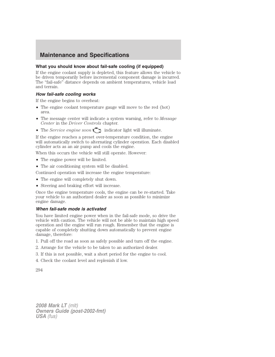 How fail-safe cooling works, When fail-safe mode is activated, Maintenance and specifications | Lincoln 2008 Mark LT User Manual | Page 294 / 328