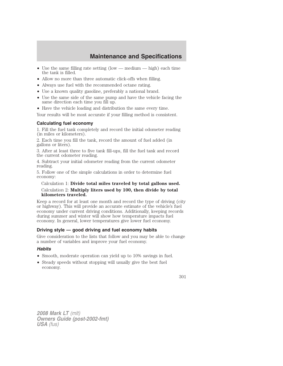 Calculating fuel economy, Habits, Maintenance and specifications | Lincoln 2008 Mark LT User Manual | Page 301 / 328