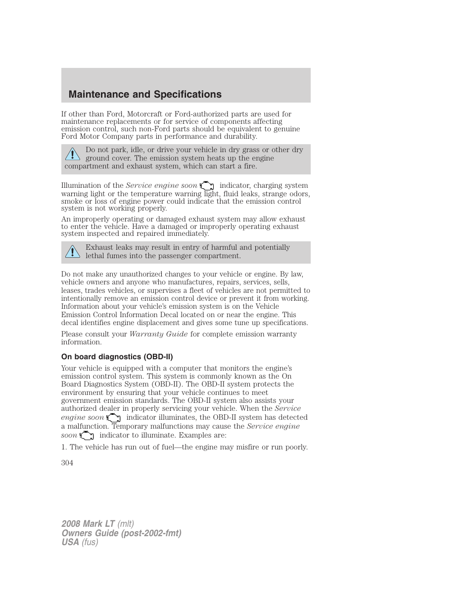 On board diagnostics (obd-ii), Maintenance and specifications | Lincoln 2008 Mark LT User Manual | Page 304 / 328