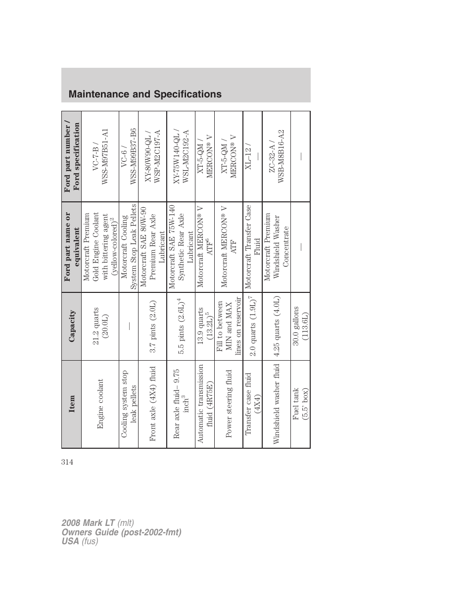 Maintenance and specifications | Lincoln 2008 Mark LT User Manual | Page 314 / 328