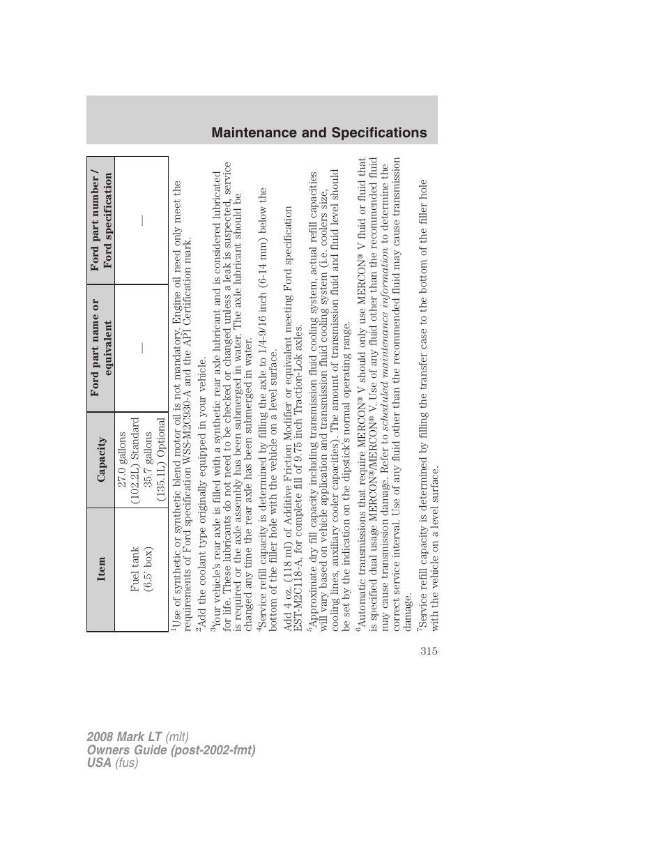 Maintenance and specifications | Lincoln 2008 Mark LT User Manual | Page 315 / 328