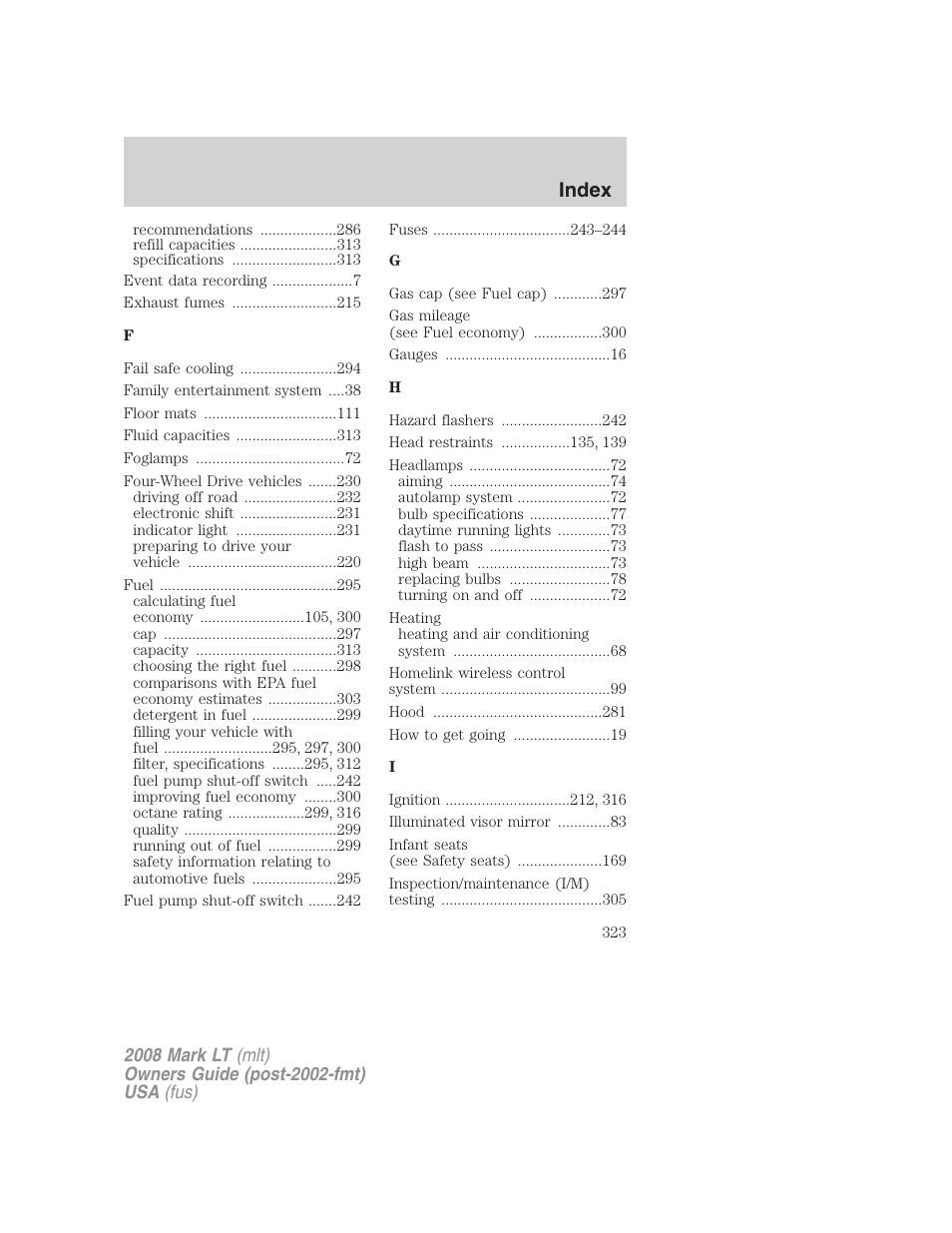 Index | Lincoln 2008 Mark LT User Manual | Page 323 / 328