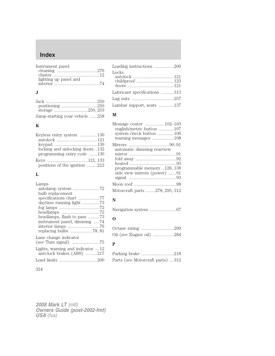 Index | Lincoln 2008 Mark LT User Manual | Page 324 / 328