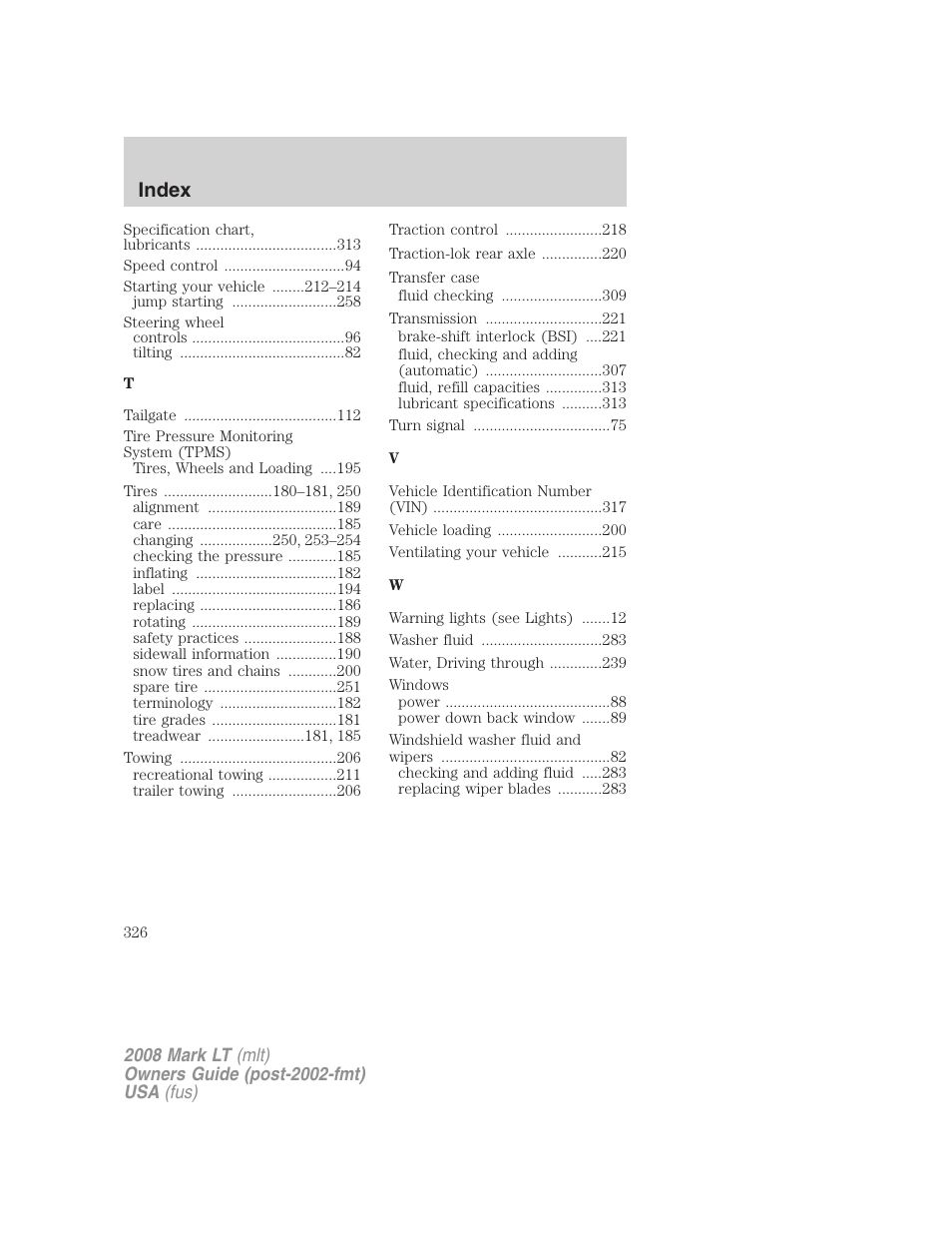 Index | Lincoln 2008 Mark LT User Manual | Page 326 / 328