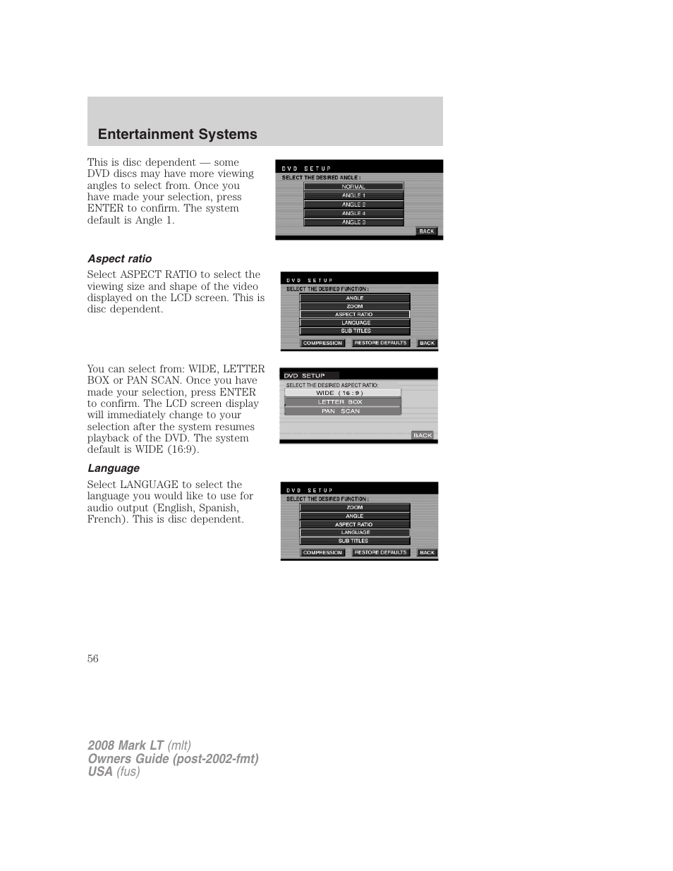 Aspect ratio, Language, Entertainment systems | Lincoln 2008 Mark LT User Manual | Page 56 / 328