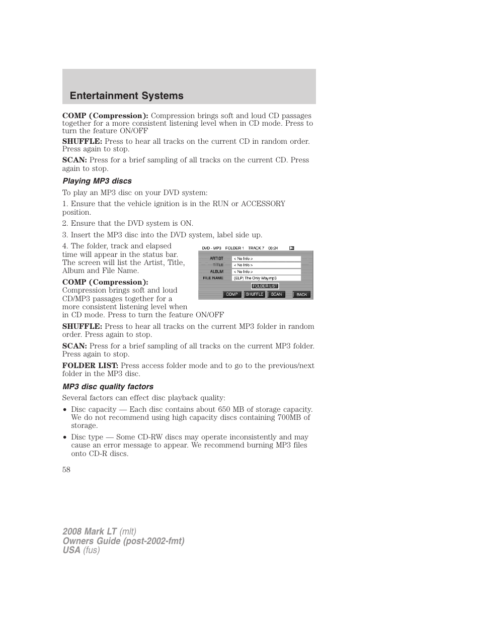 Playing mp3 discs, Mp3 disc quality factors, Entertainment systems | Lincoln 2008 Mark LT User Manual | Page 58 / 328