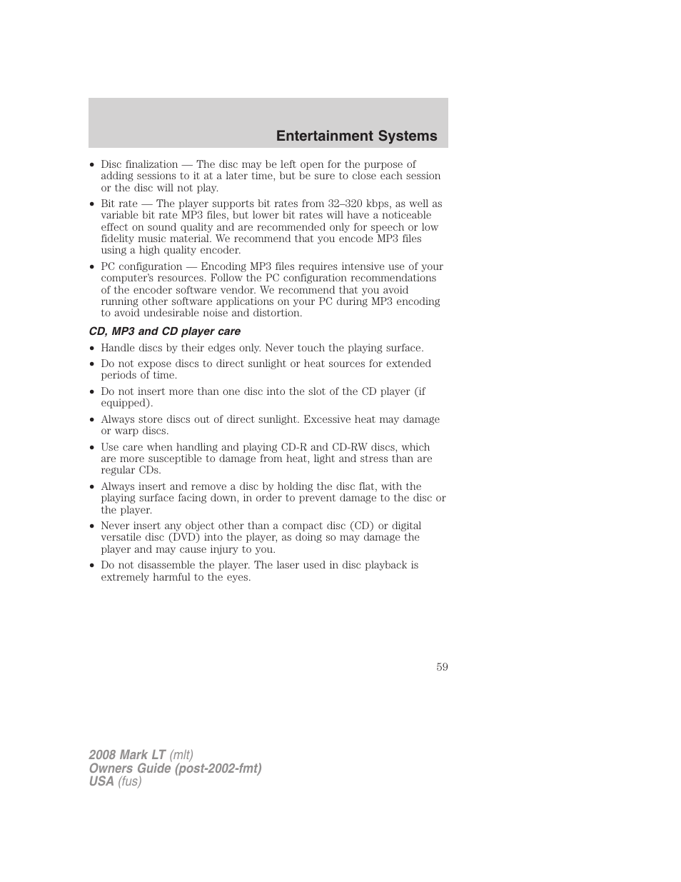 Cd, mp3 and cd player care, Entertainment systems | Lincoln 2008 Mark LT User Manual | Page 59 / 328