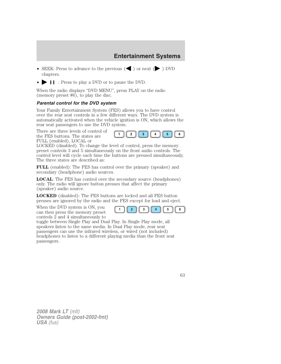 Parental control for the dvd system, Entertainment systems | Lincoln 2008 Mark LT User Manual | Page 63 / 328