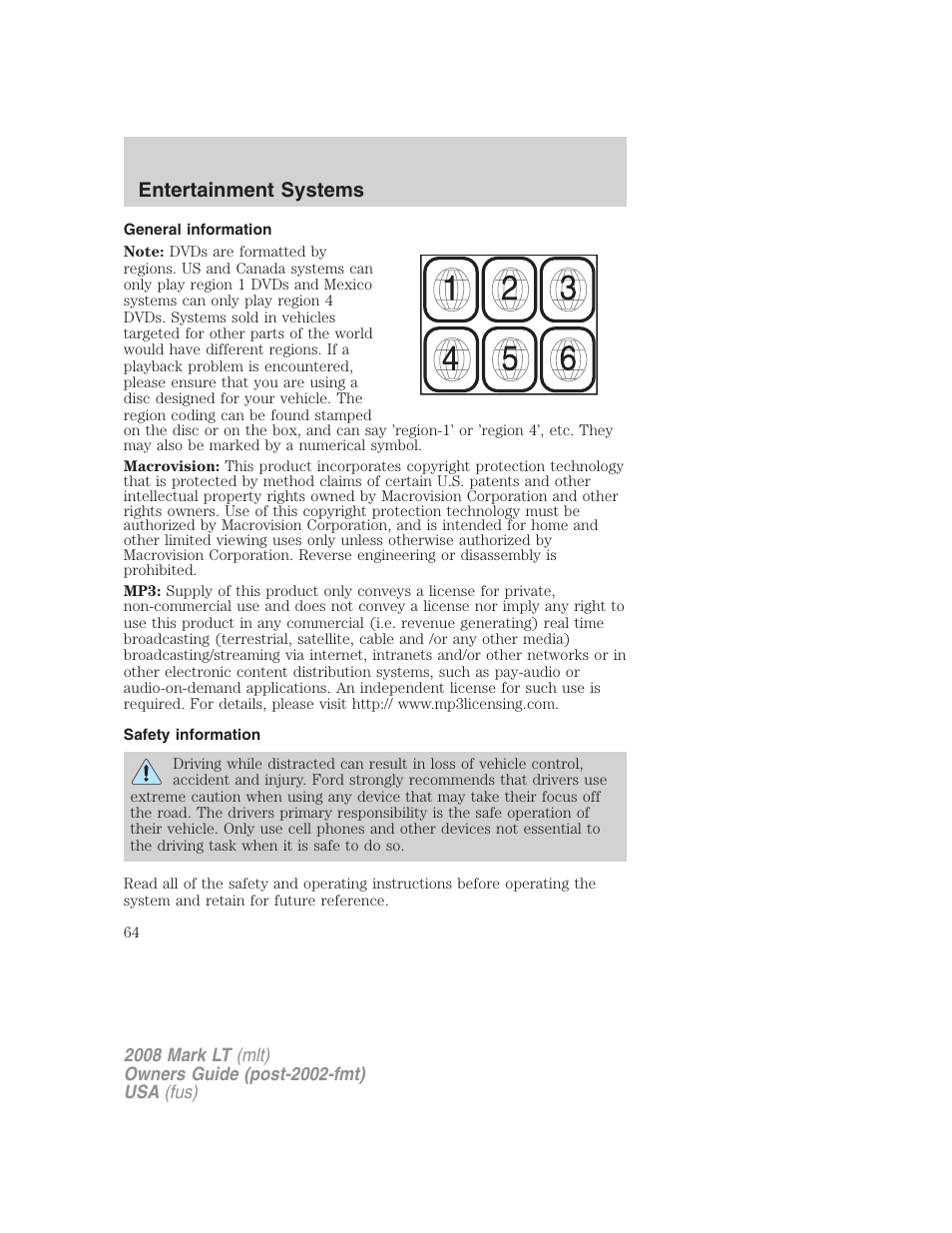 General information, Safety information, Entertainment systems | Lincoln 2008 Mark LT User Manual | Page 64 / 328