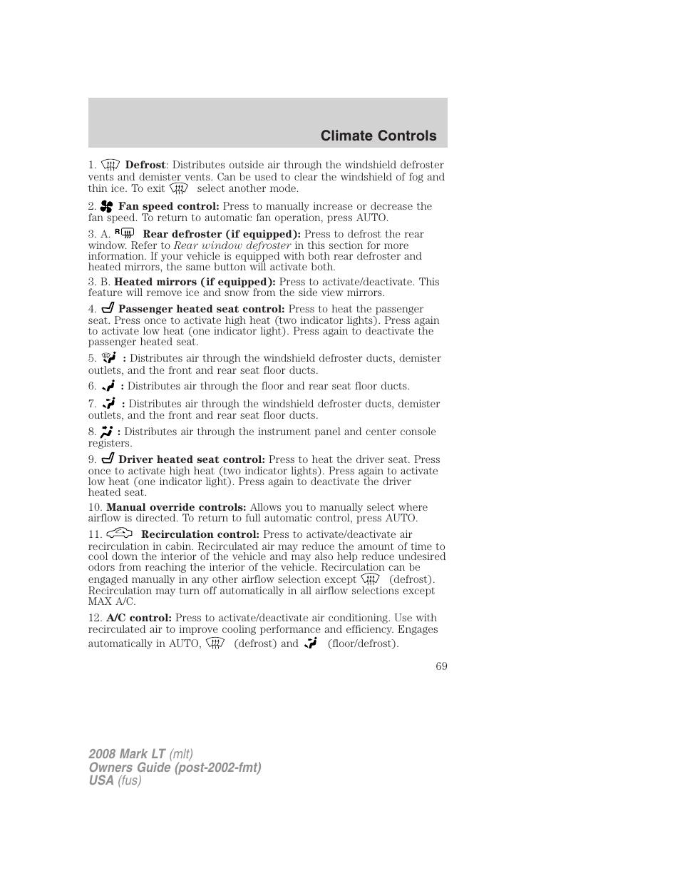 Climate controls | Lincoln 2008 Mark LT User Manual | Page 69 / 328