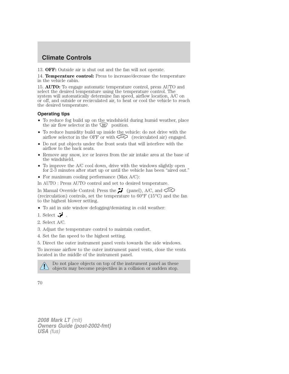 Operating tips, Climate controls | Lincoln 2008 Mark LT User Manual | Page 70 / 328