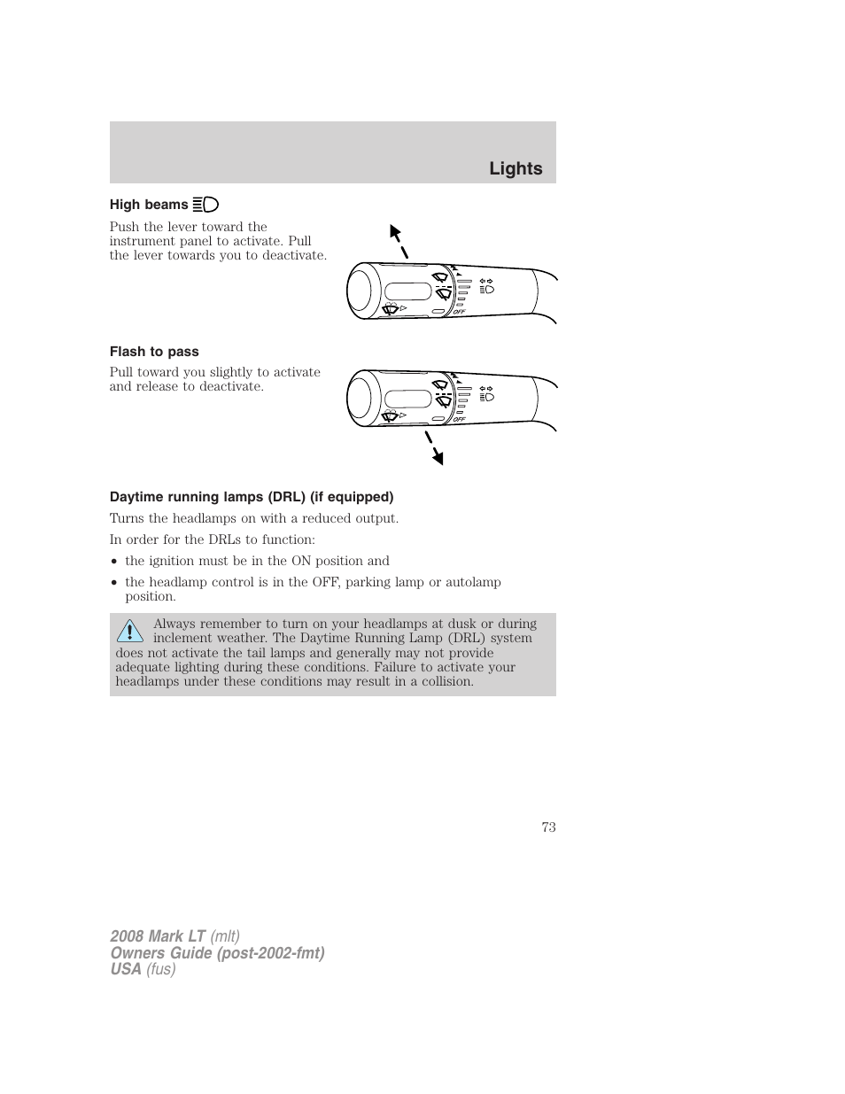 High beams, Flash to pass, Daytime running lamps (drl) (if equipped) | Lights | Lincoln 2008 Mark LT User Manual | Page 73 / 328