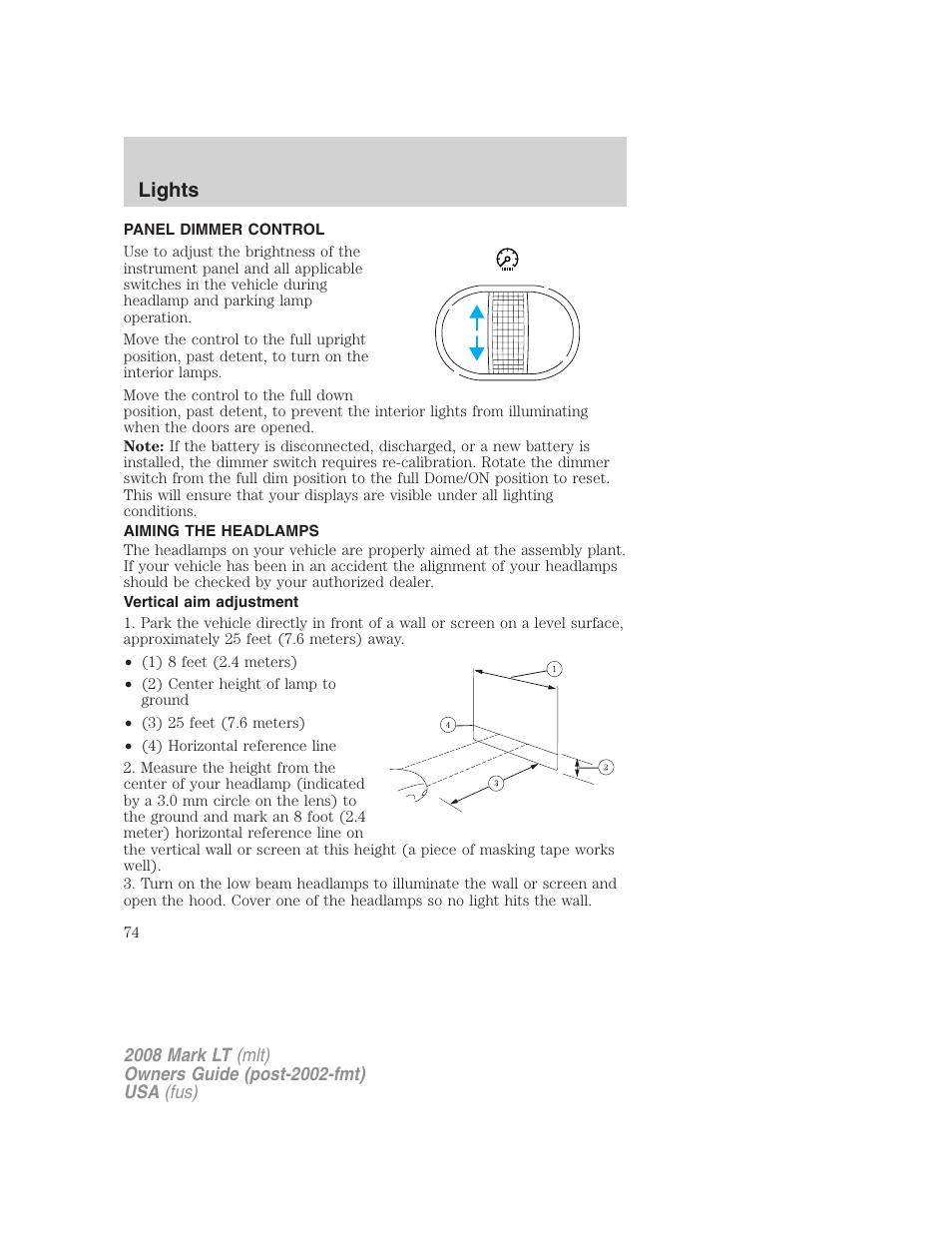 Panel dimmer control, Aiming the headlamps, Vertical aim adjustment | Lights | Lincoln 2008 Mark LT User Manual | Page 74 / 328