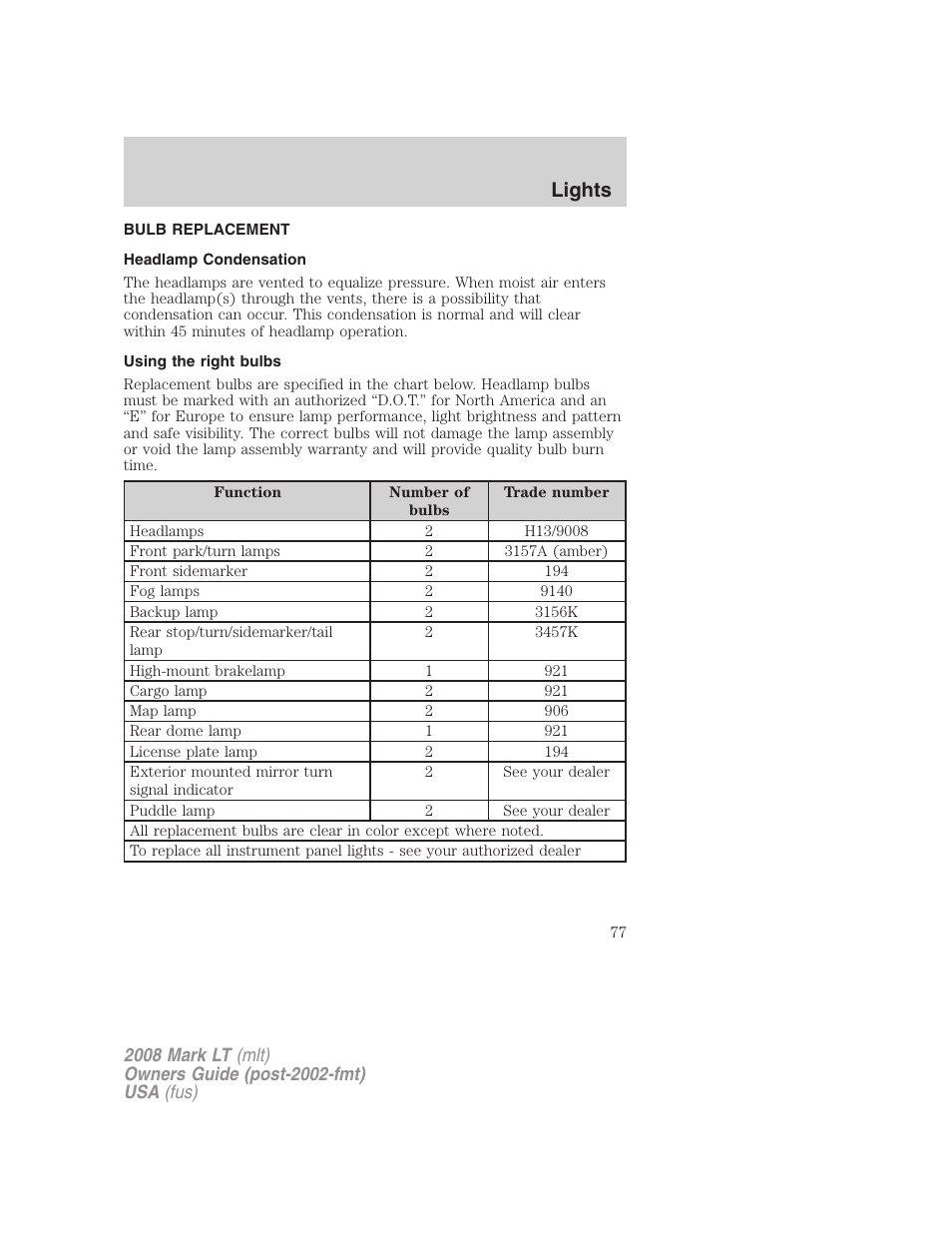 Bulb replacement, Headlamp condensation, Using the right bulbs | Lights | Lincoln 2008 Mark LT User Manual | Page 77 / 328